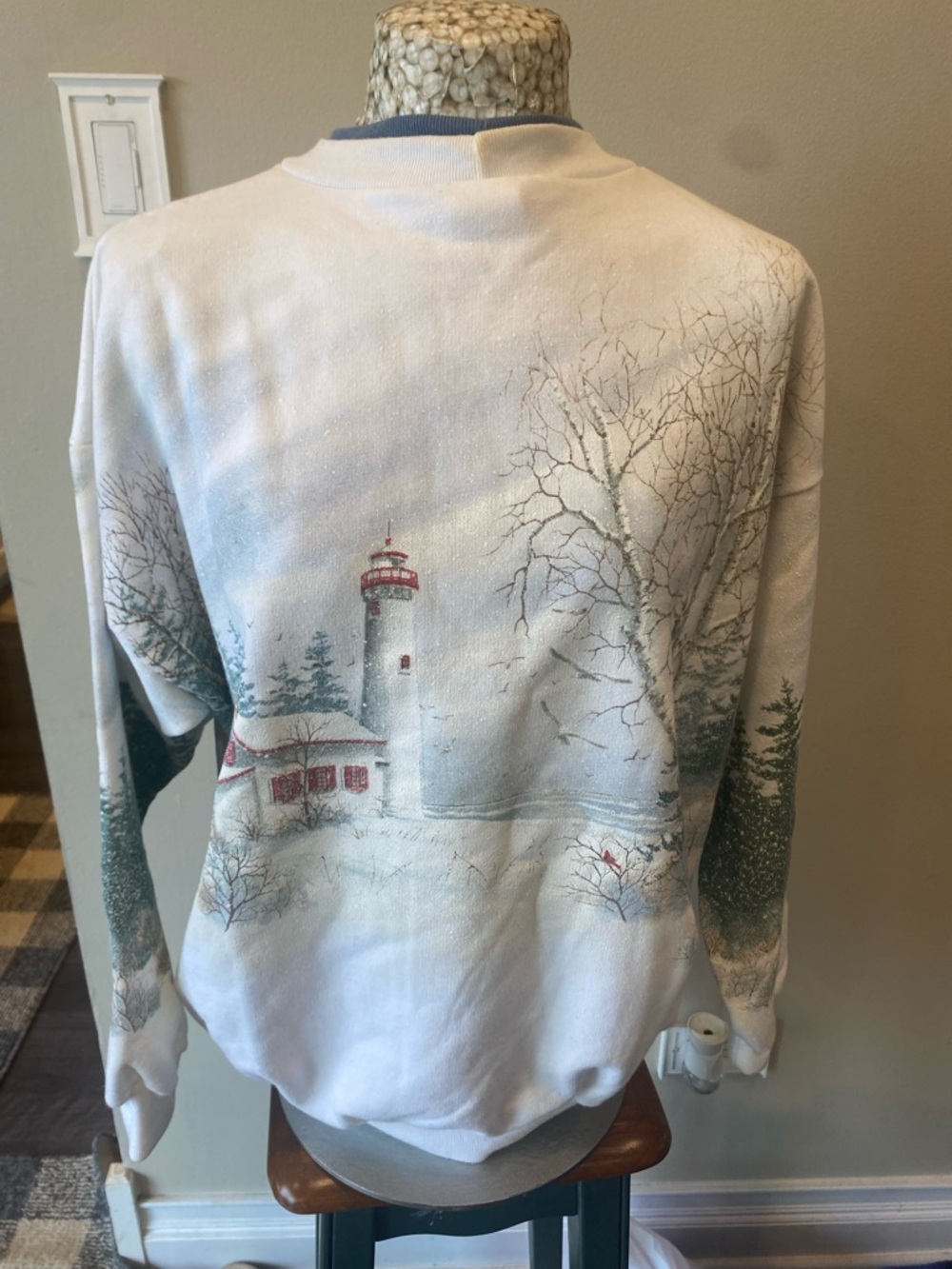 Vintage 90s all over Print Winter  Lighthouse Scenic Sweatshirt